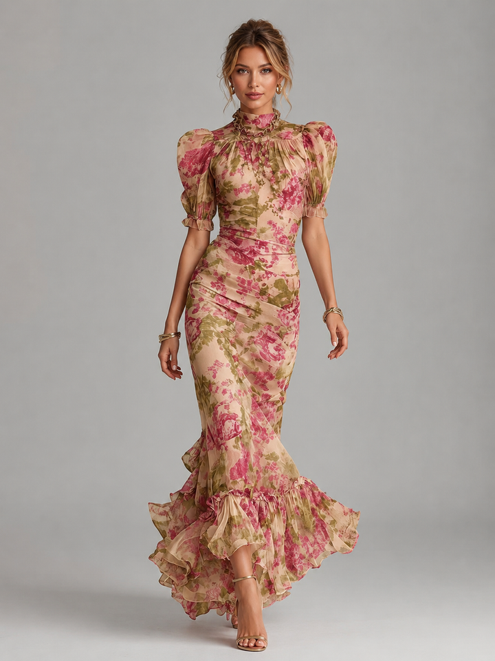 Eloise | Floral Wedding Guest Maxi Dress with Fishtail Ruffle