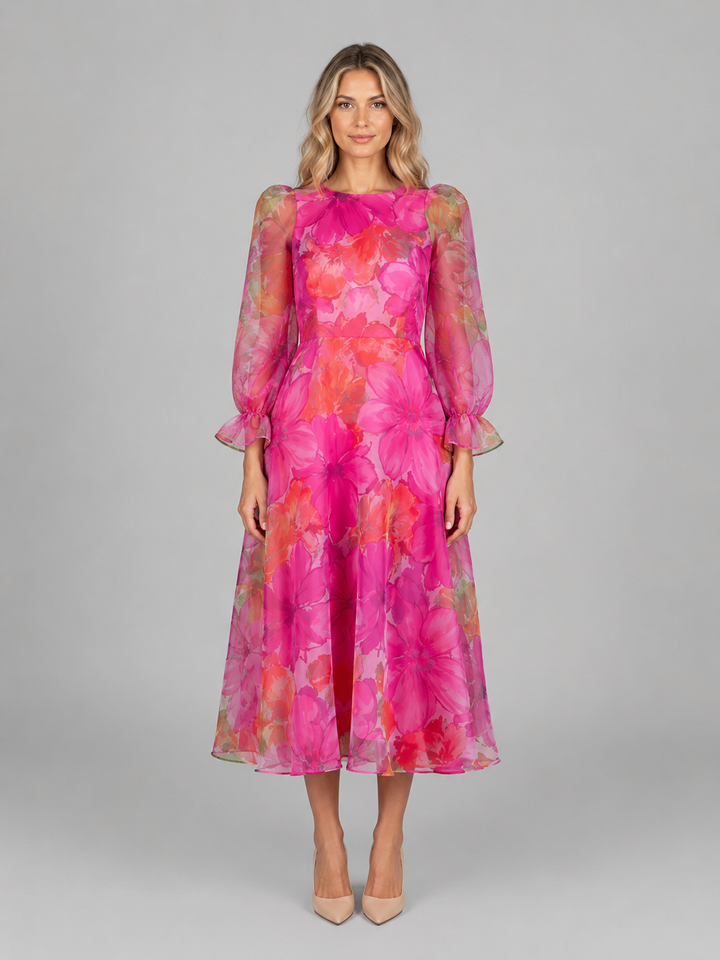 Nadine | Pink Floral Dress with Cuff Detail