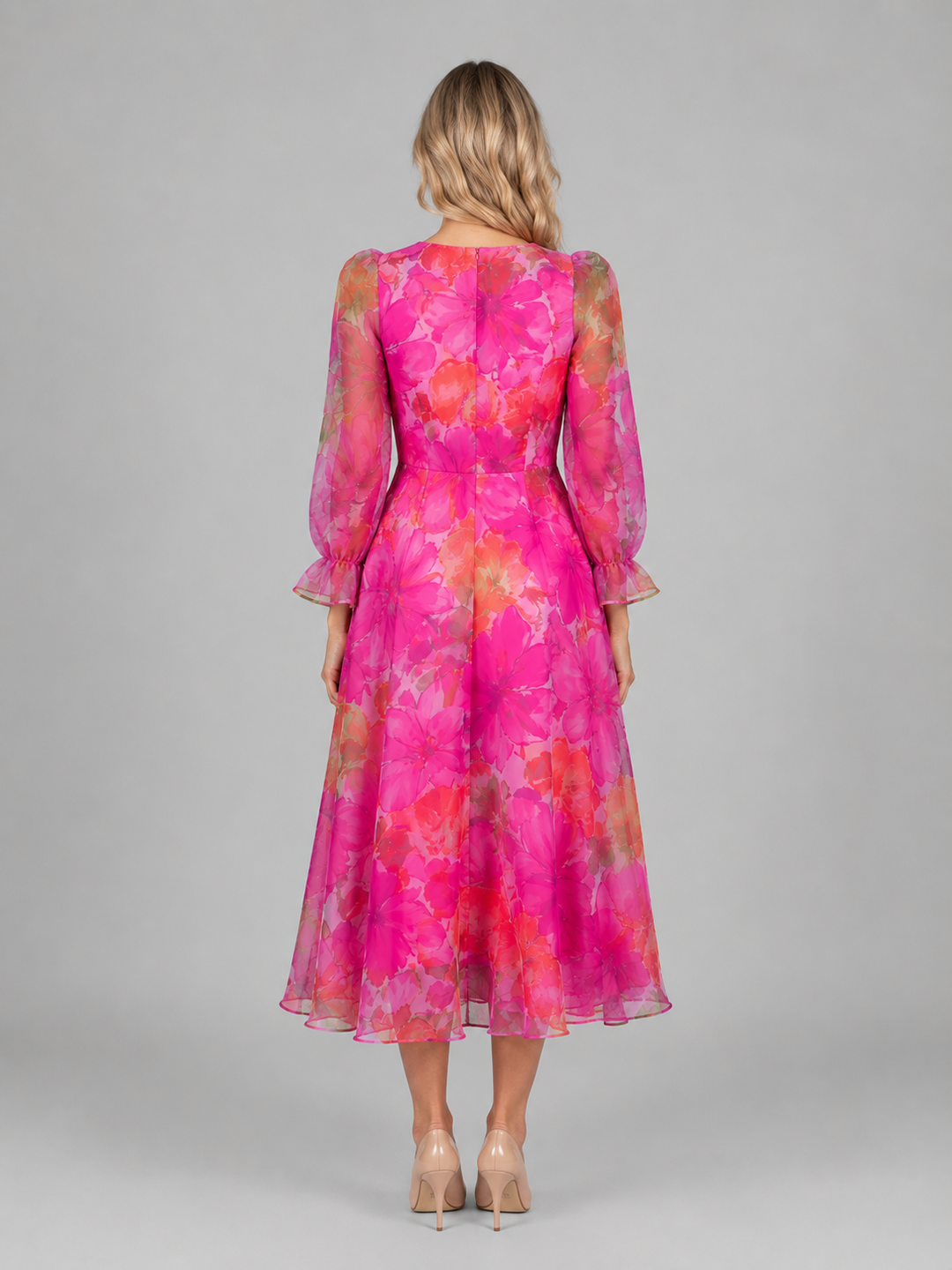 Nadine | Pink Floral Dress with Cuff Detail