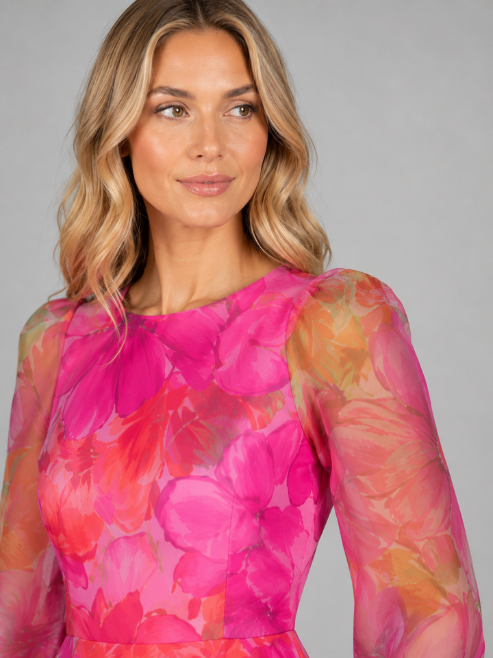 Nadine | Pink Floral Dress with Cuff Detail