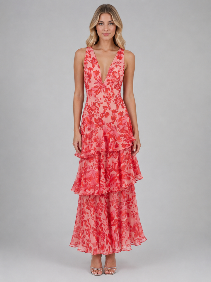 Katarina | Floral Ruffle Maxi Dress with Deep V-Neckline