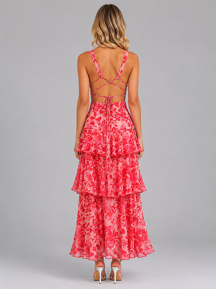 Katarina | Floral Ruffle Maxi Dress with Deep V-Neckline
