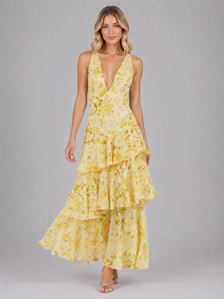 Katarina | Floral Ruffle Maxi Dress with Deep V-Neckline