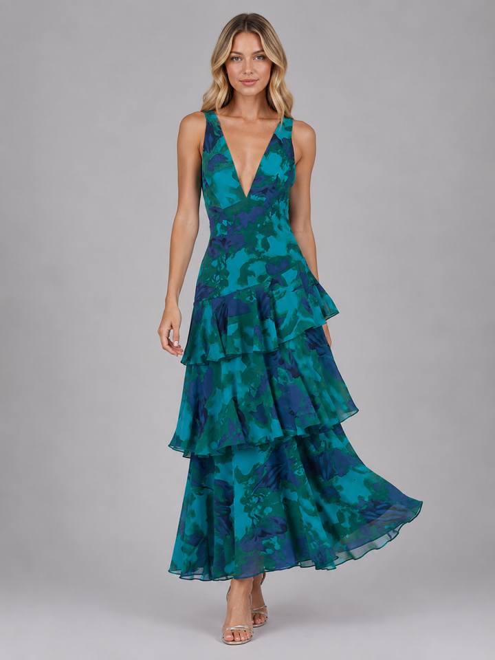 Katarina | Floral Ruffle Maxi Dress with Deep V-Neckline