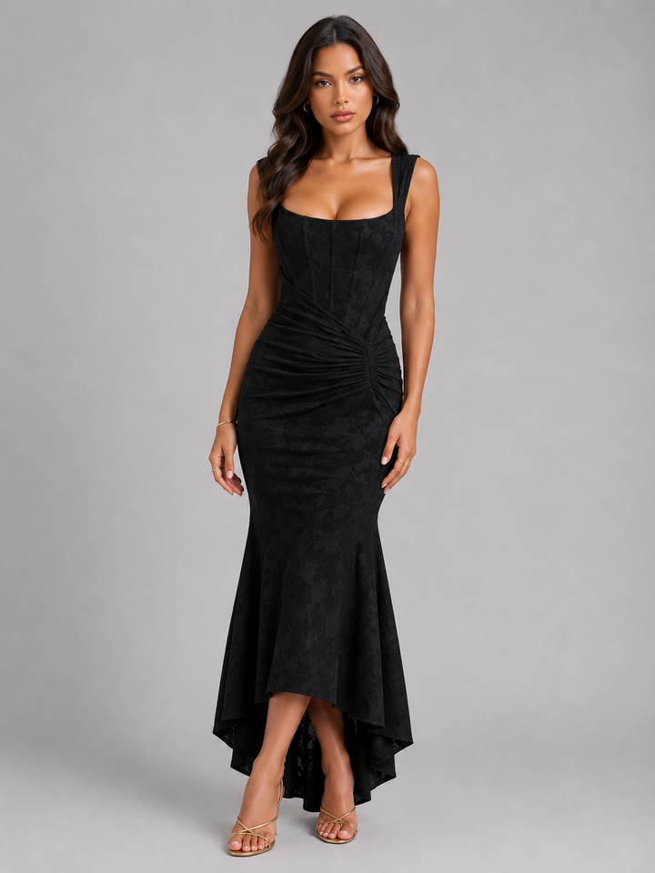 Amelie | Floral Wedding Guest Maxi Dress with Asymmetrical Hem