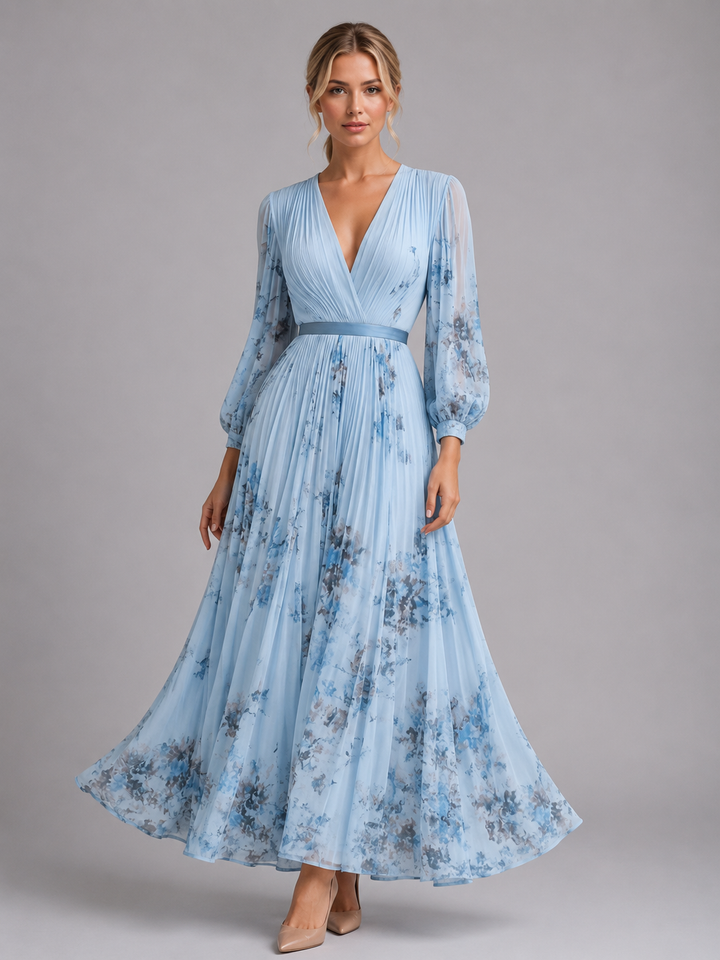 Henrietta | Pleated Maxi Dress with Floral Waistband