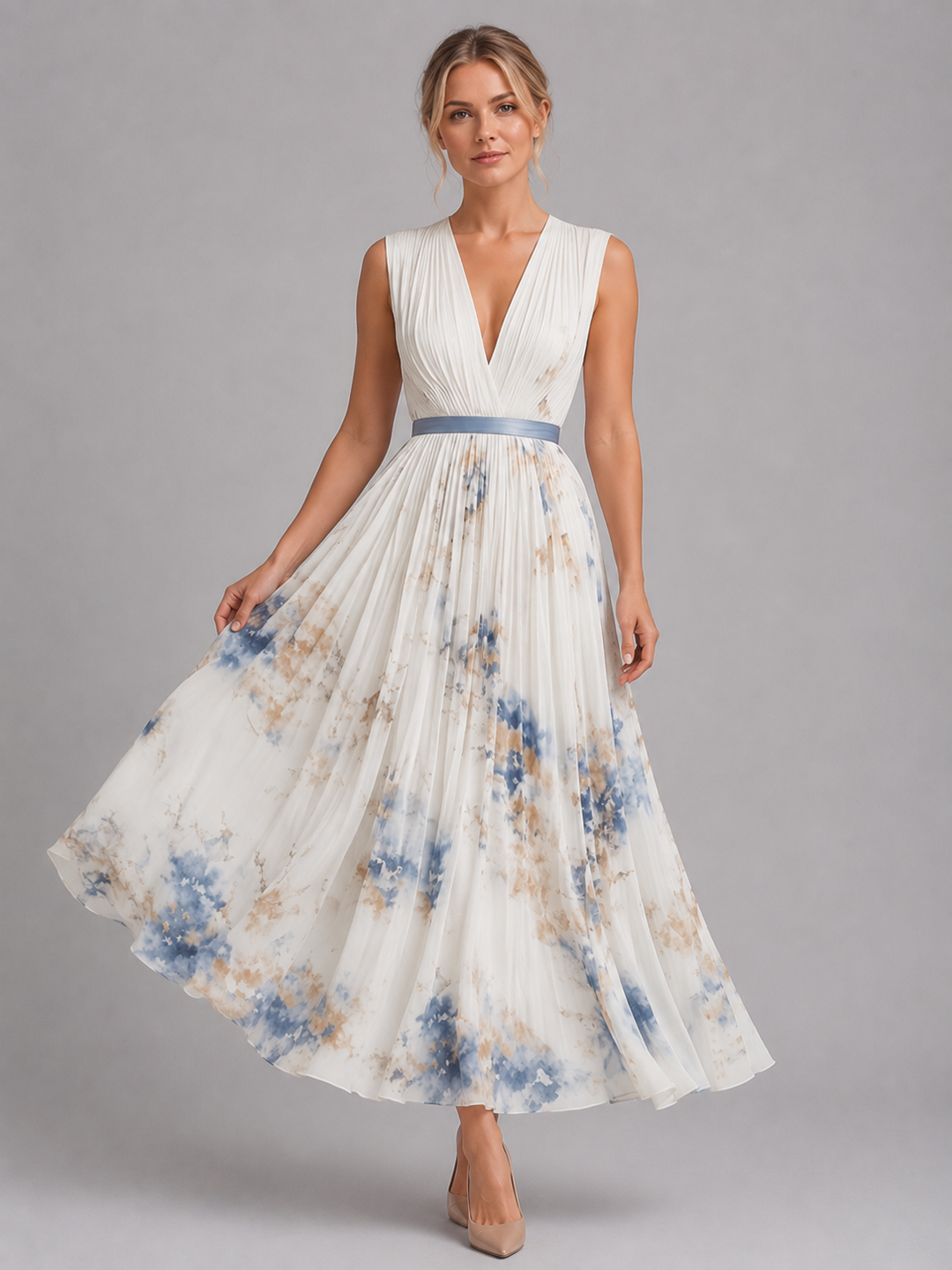 Mirabelle | Floral Maxi Dress with Pleated A-Line Fit