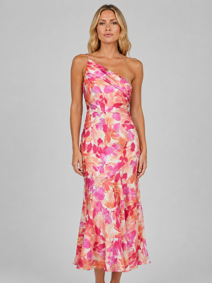 Mathilde | Floral Midi Dress with One-Shoulder Neck