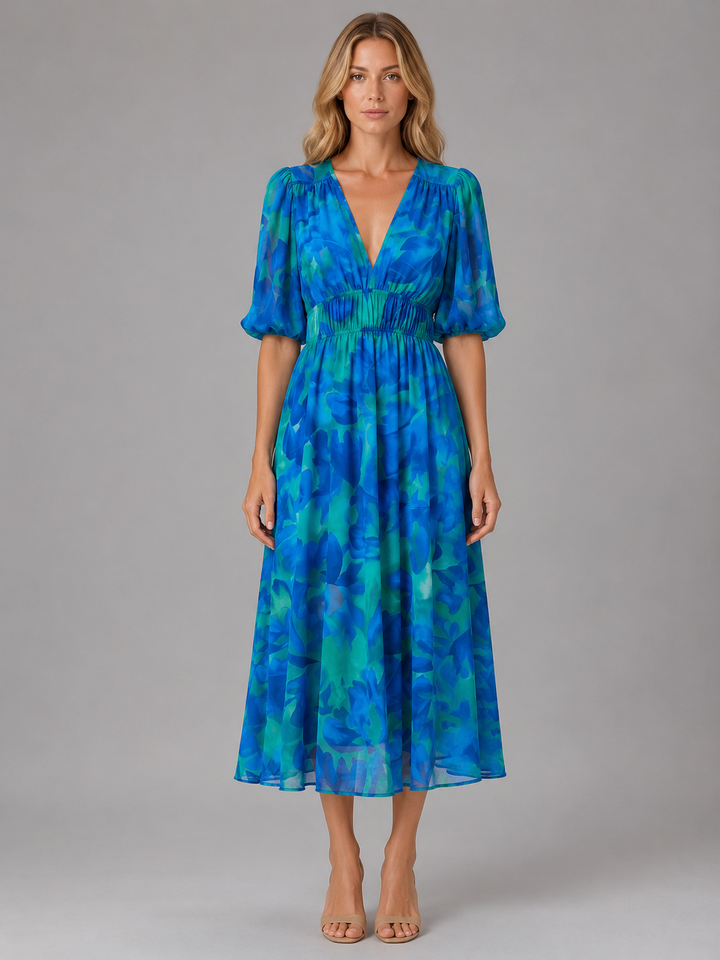 Penelope | Floral Dress with V-Neck Puff Sleeve Fit
