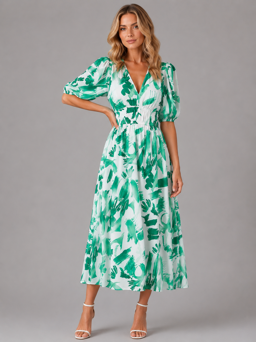 Penelope | Floral Dress with V-Neck Puff Sleeve Fit