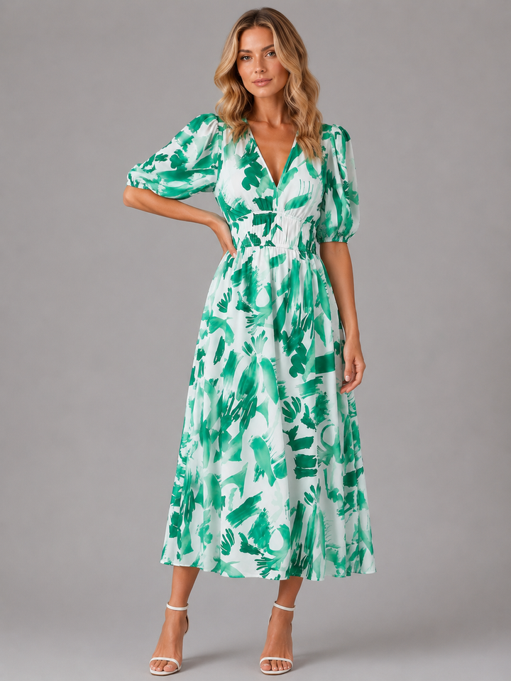 Penelope | Floral Dress with V-Neck Puff Sleeve Fit