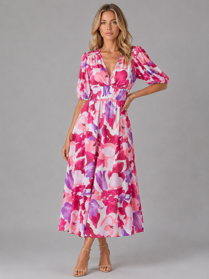 Penelope | Floral Dress with V-Neck Puff Sleeve Fit