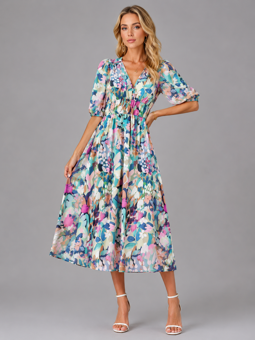 Penelope | Floral Dress with V-Neck Puff Sleeve Fit