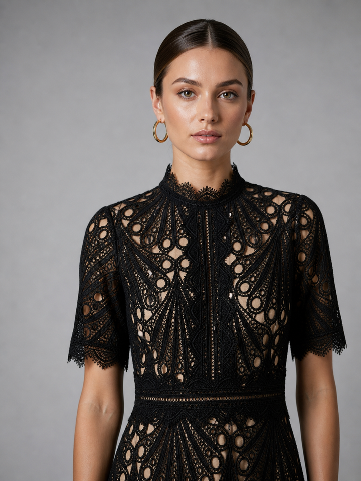 Guinevere | Geometric Midi Dress with High Neckline Fit