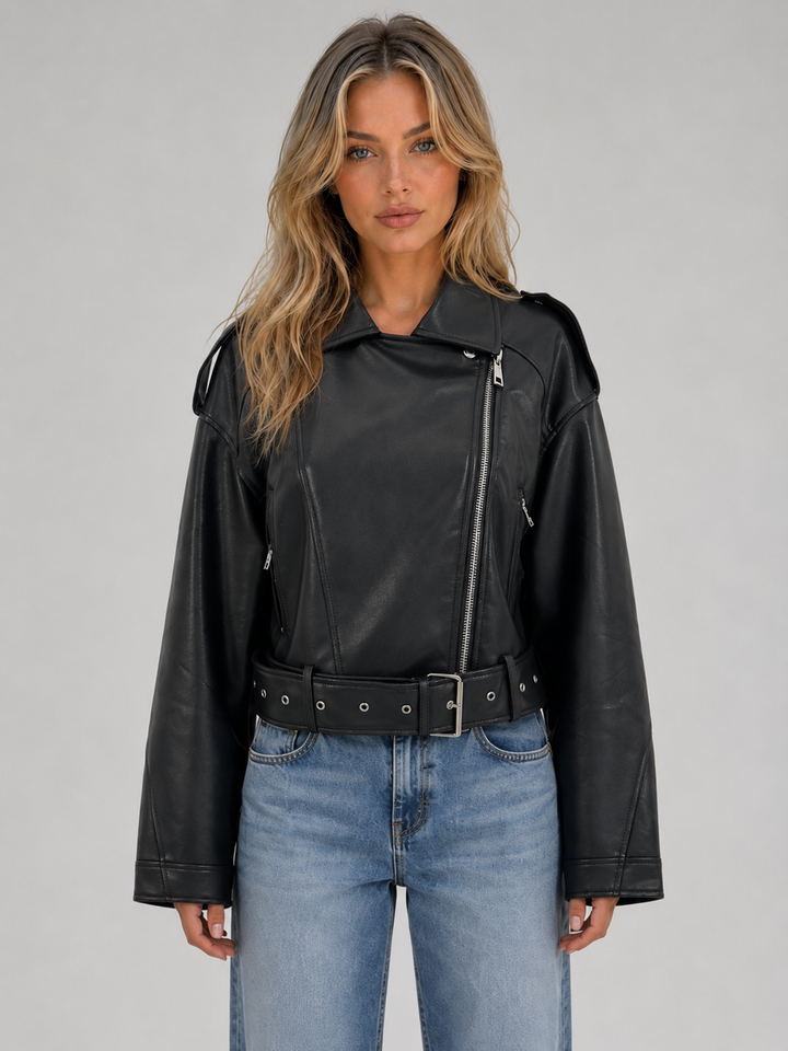 Sabine | Black Moto Jacket with Adjustable Belt