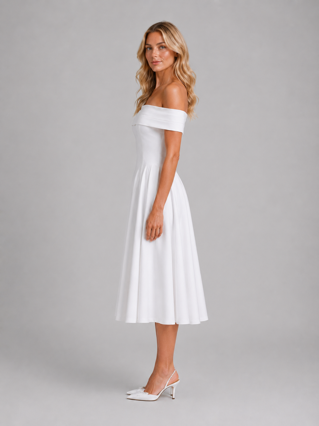 Lorelei | Pleated Midi Dress with Fitted Bodice Off Shoulder
