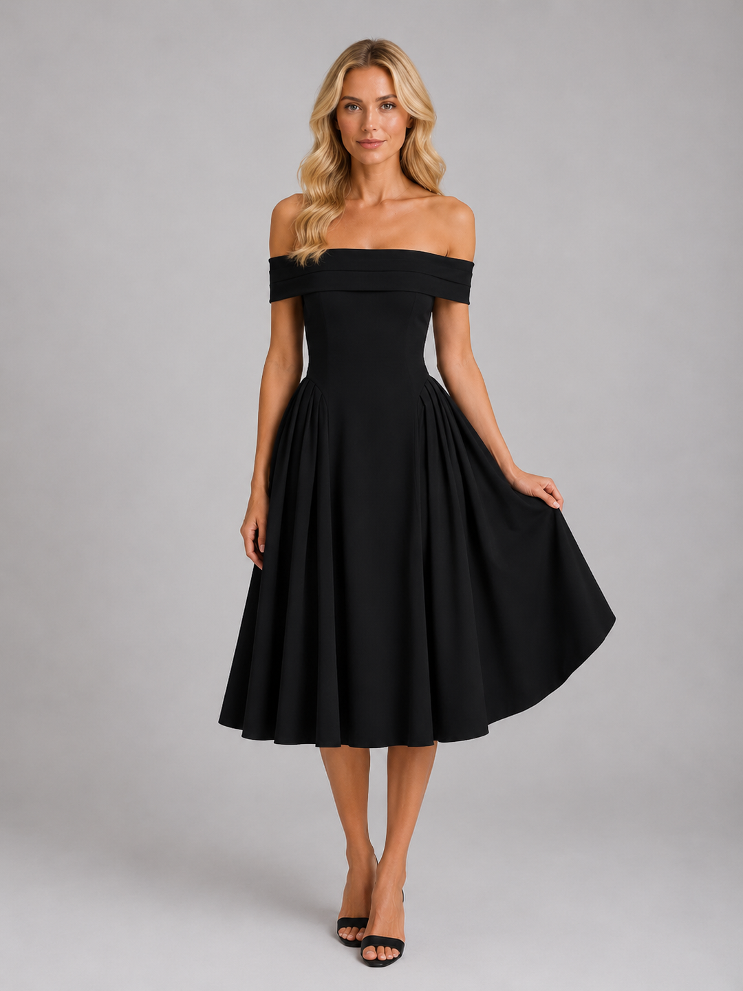 Lorelei | Pleated Midi Dress with Fitted Bodice Off Shoulder