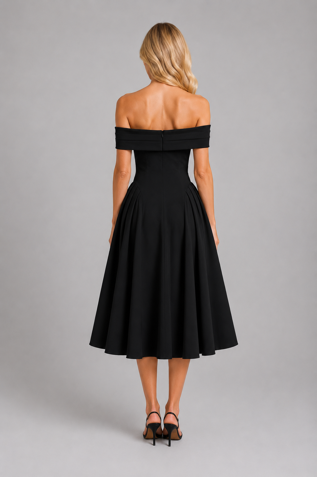 Lorelei | Pleated Midi Dress with Fitted Bodice Off Shoulder