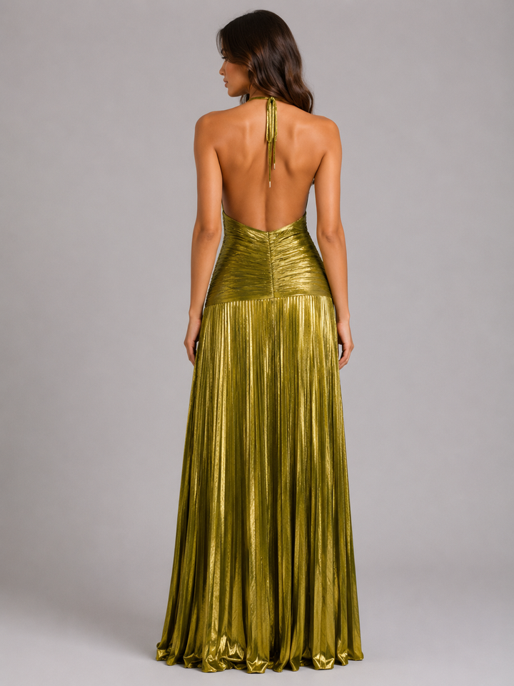Theodora | Pleated Halter Maxi Dress with Split