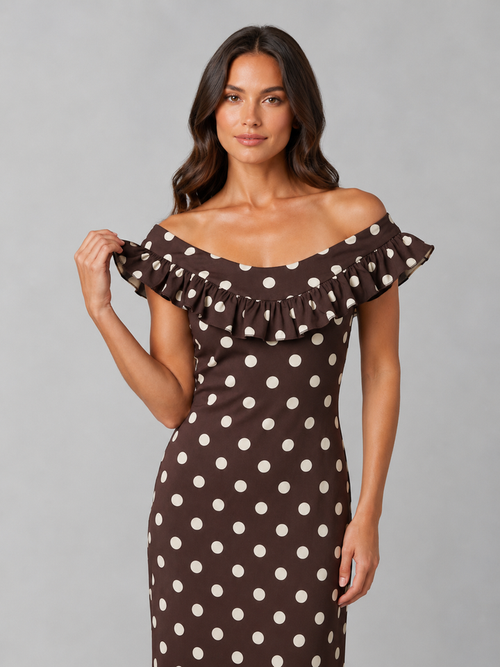 Xanthe | Polka Dot Maxi Dress with Off-Shoulder Ruffle Neckline