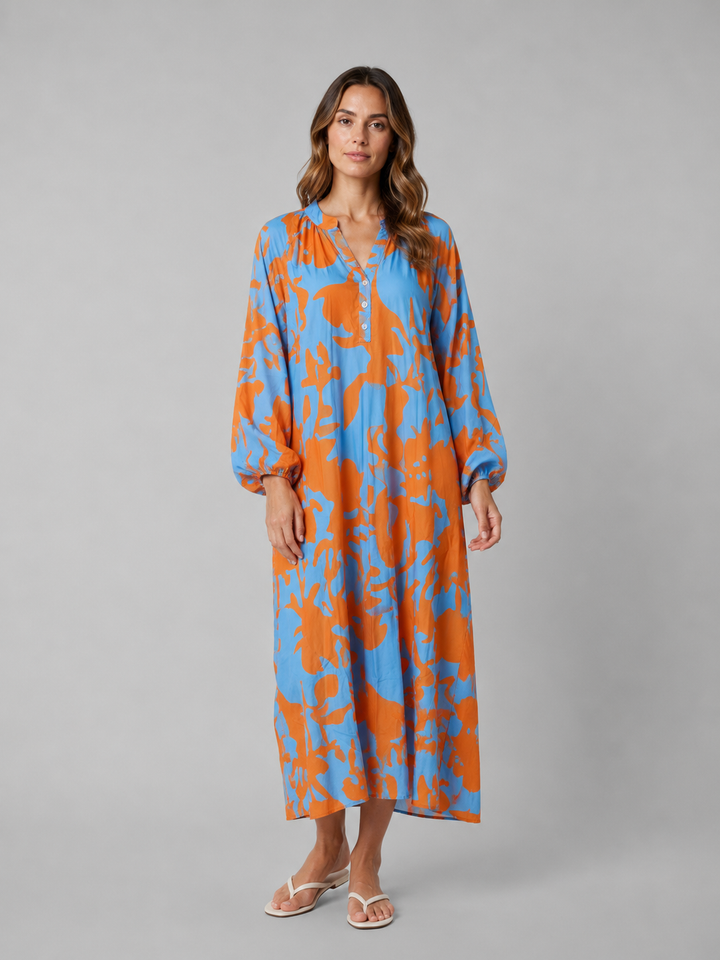 Sixtine | Abstract Wedding Guest Maxi Dress with Button Front
