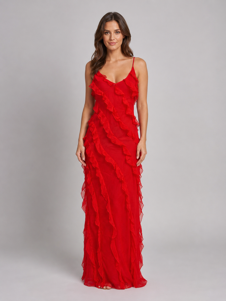 Veronique | Ruffle Maxi Dress with Strap Neckline