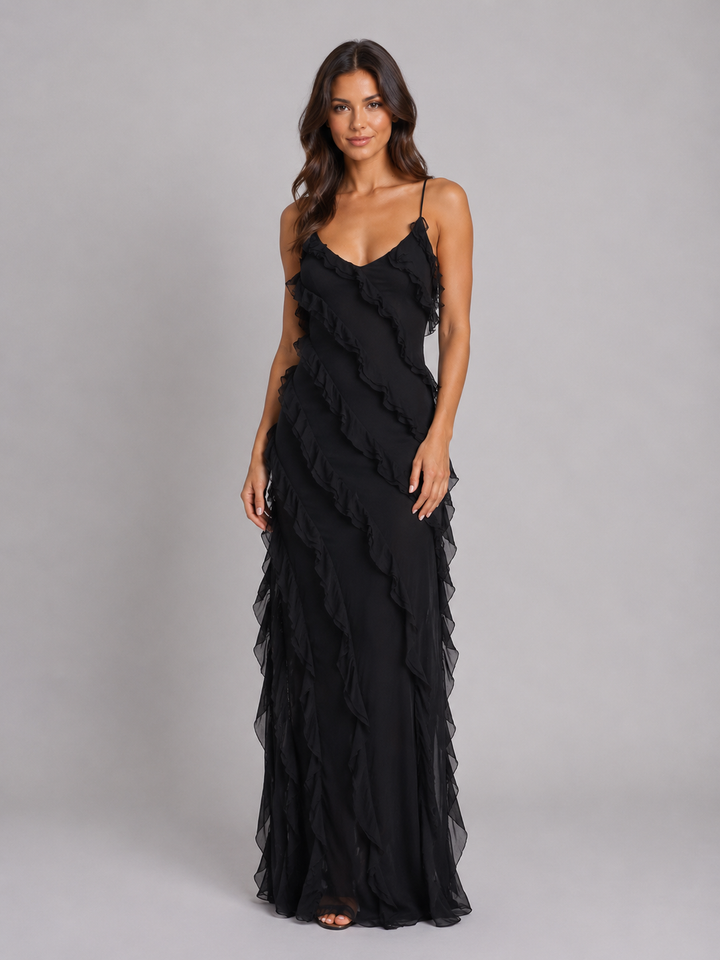 Veronique | Ruffle Maxi Dress with Strap Neckline