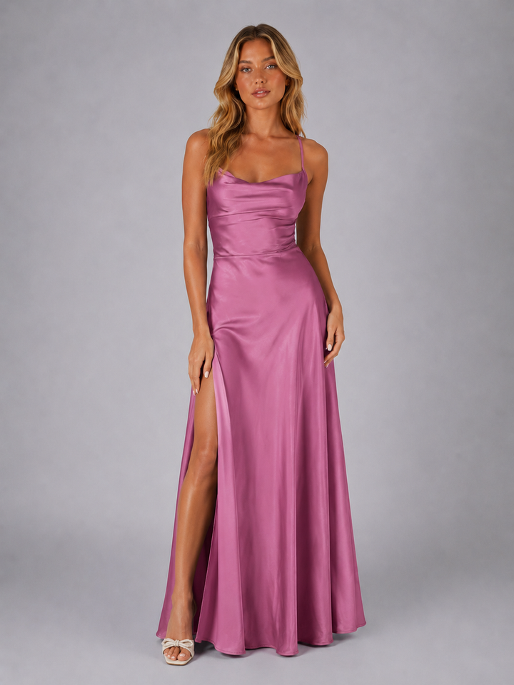 Josephine | Satin Feel Cowl Neck Maxi Dress with Side Split