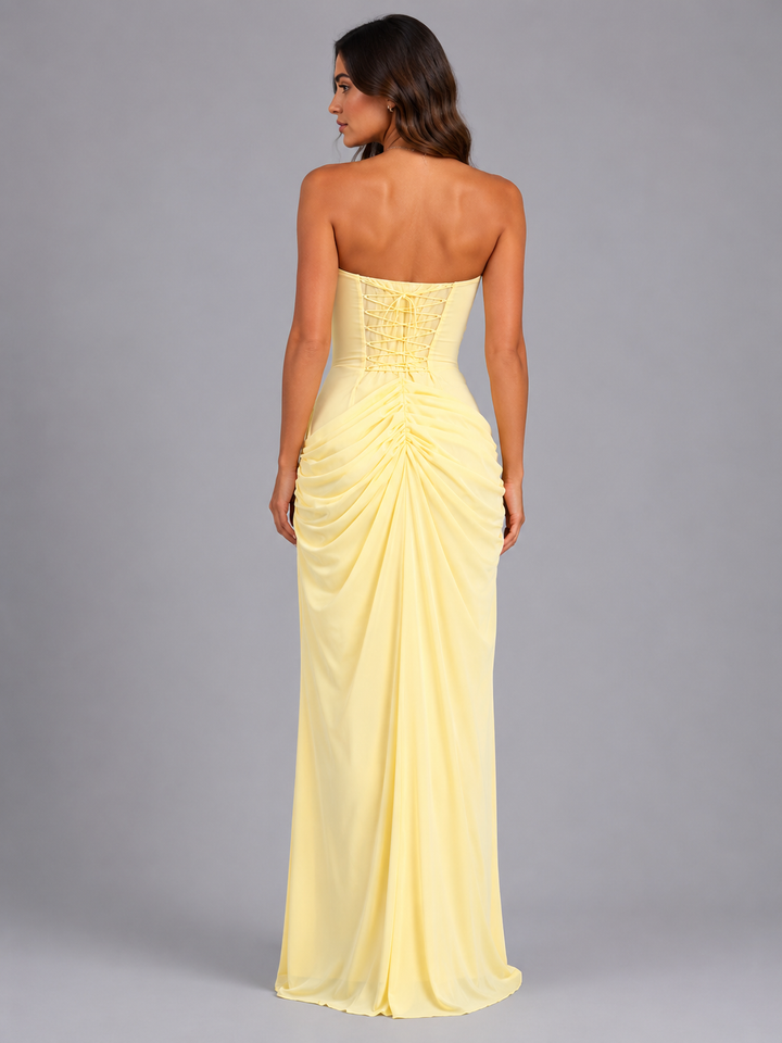 Corinne | Strapless Draped Maxi Slit Wedding Guest Dress