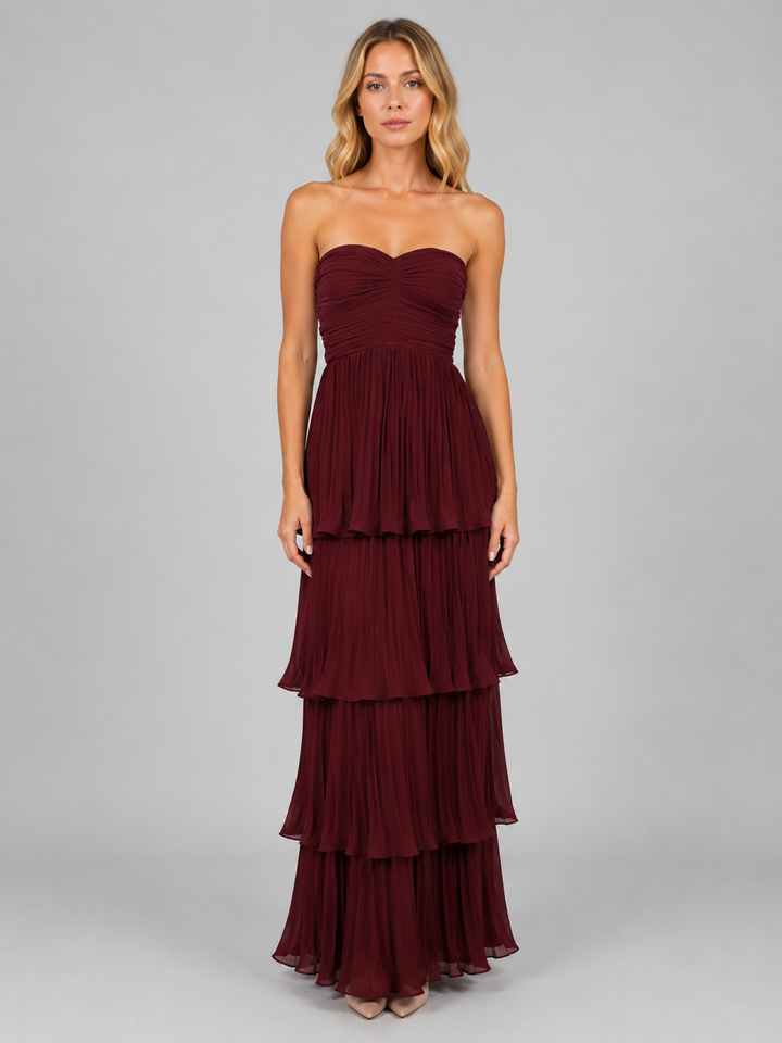 Priscilla | Burgundy Tiered Maxi Dress with Strapless Bodice