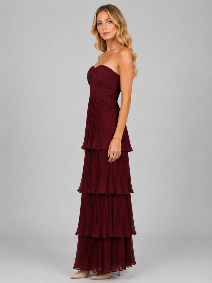 Priscilla | Burgundy Tiered Maxi Dress with Strapless Bodice
