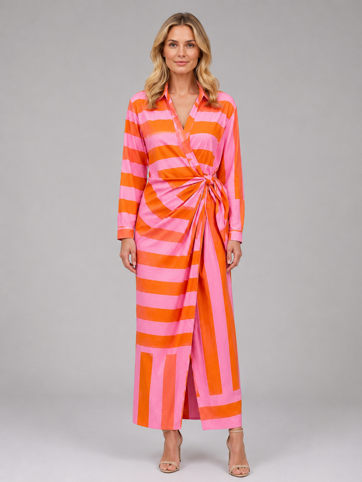 Solene | Striped Midi Dress with Twist-Knot Waist