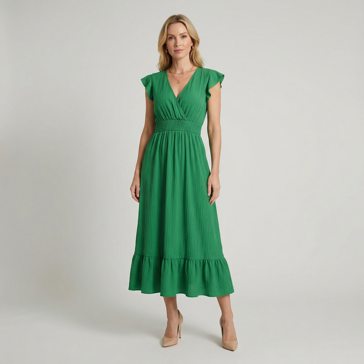 Romilly | V-Neck Midi Dress with Shirred Waist
