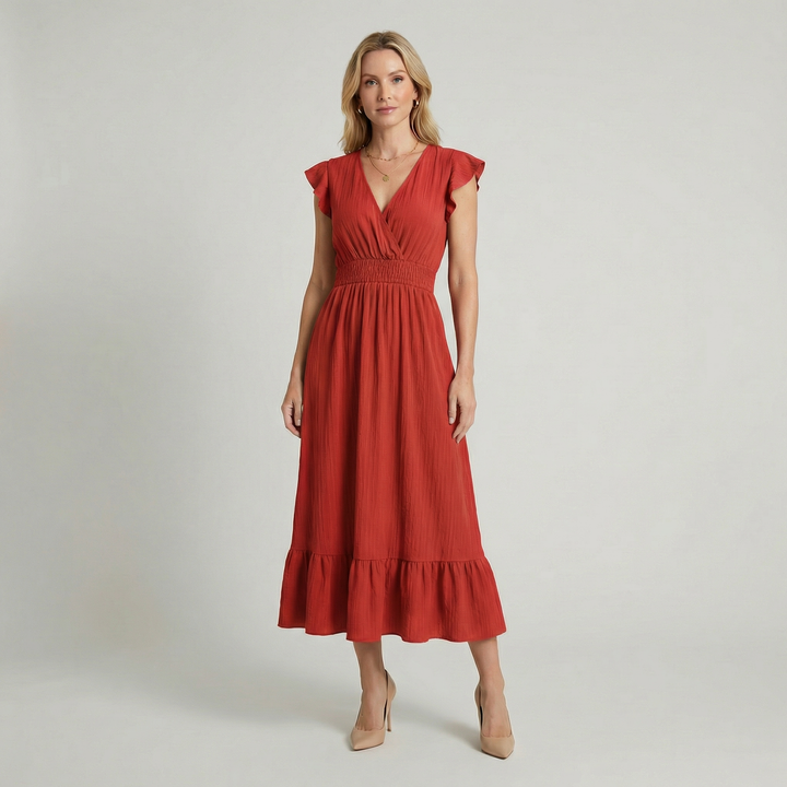 Romilly | V-Neck Midi Dress with Shirred Waist
