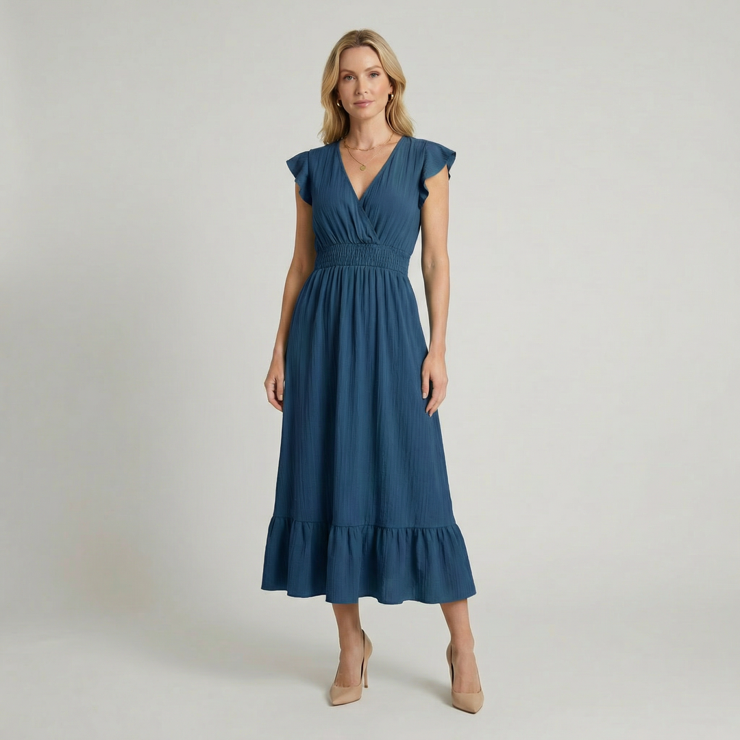 Romilly | V-Neck Midi Dress with Shirred Waist