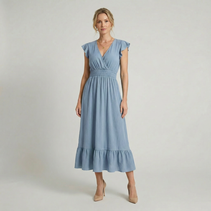 Romilly | V-Neck Midi Dress with Shirred Waist