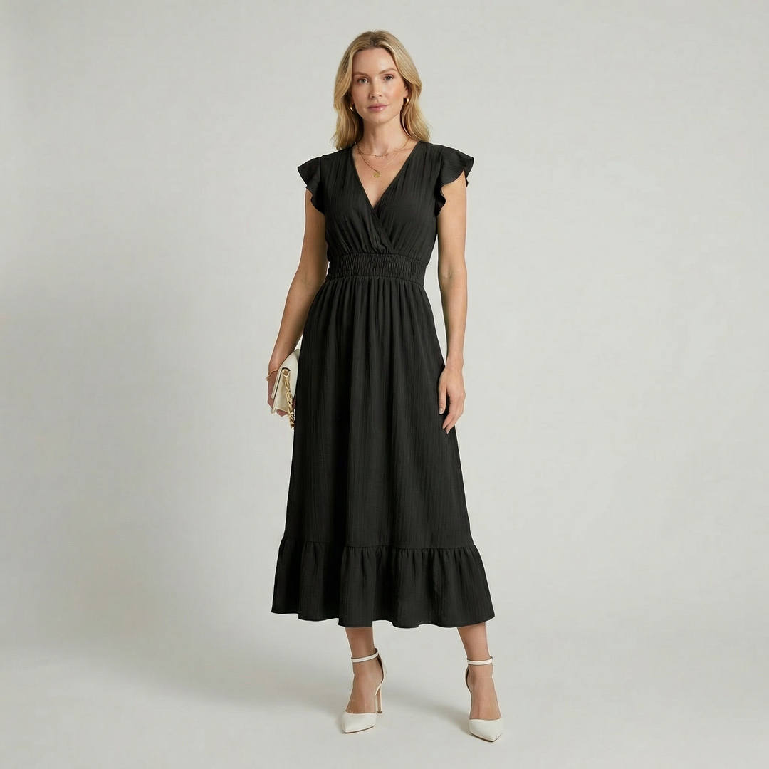 Romilly | V-Neck Midi Dress with Shirred Waist