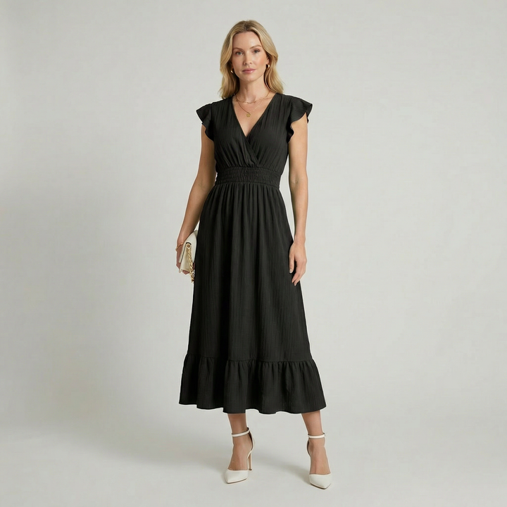 Romilly | V-Neck Midi Dress with Shirred Waist
