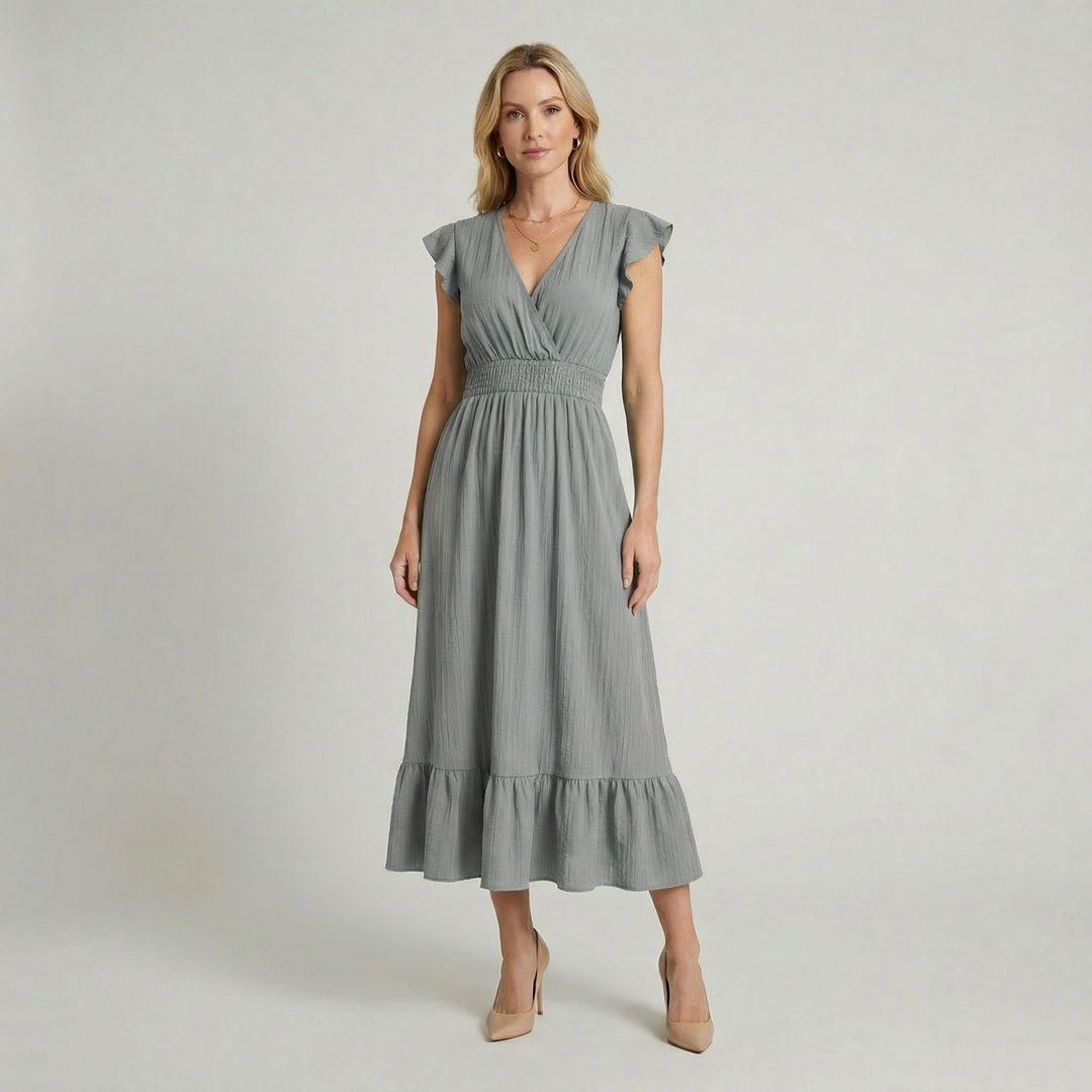 Romilly | V-Neck Midi Dress with Shirred Waist