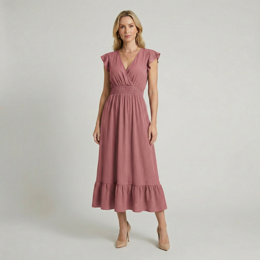 Romilly | V-Neck Midi Dress with Shirred Waist