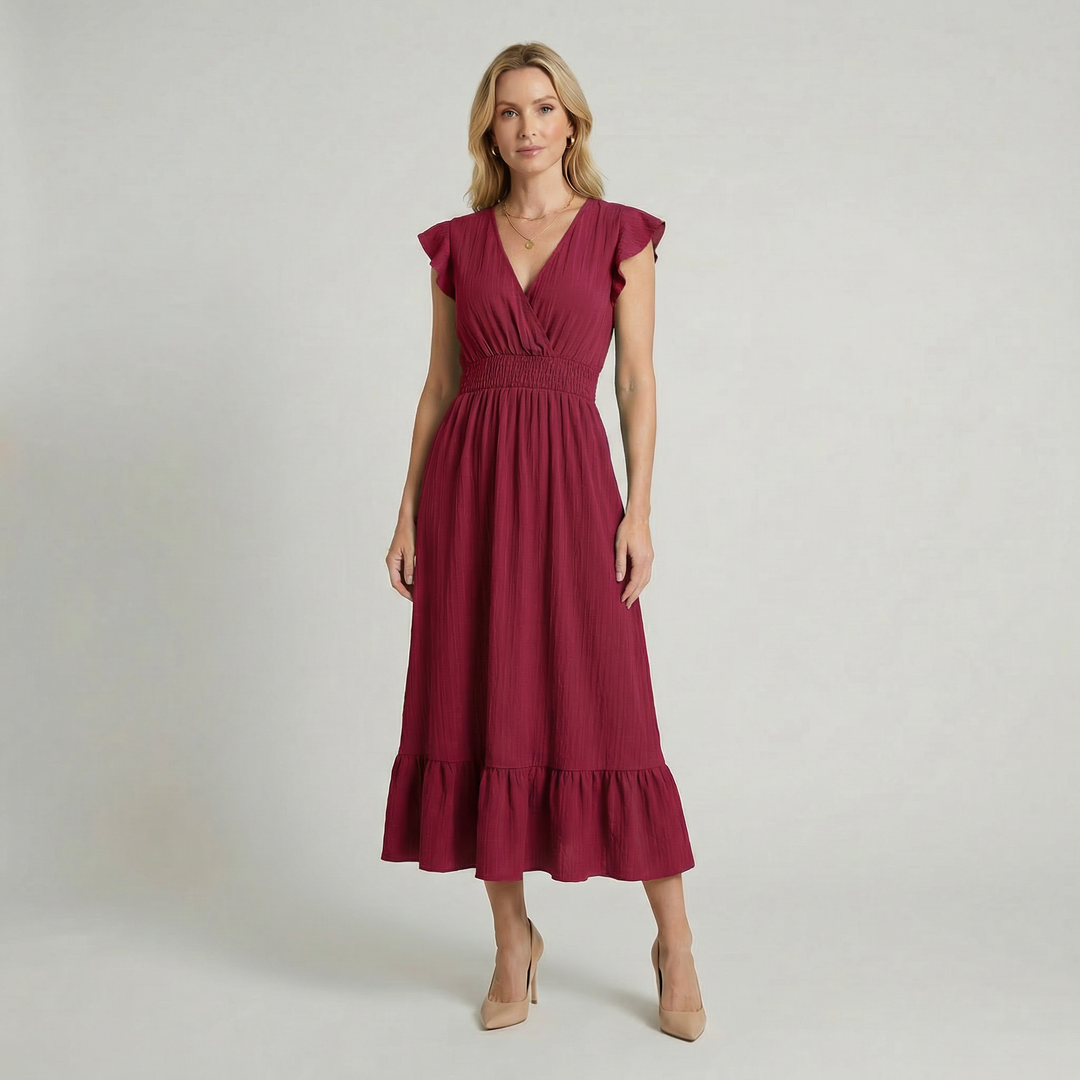Romilly | V-Neck Midi Dress with Shirred Waist